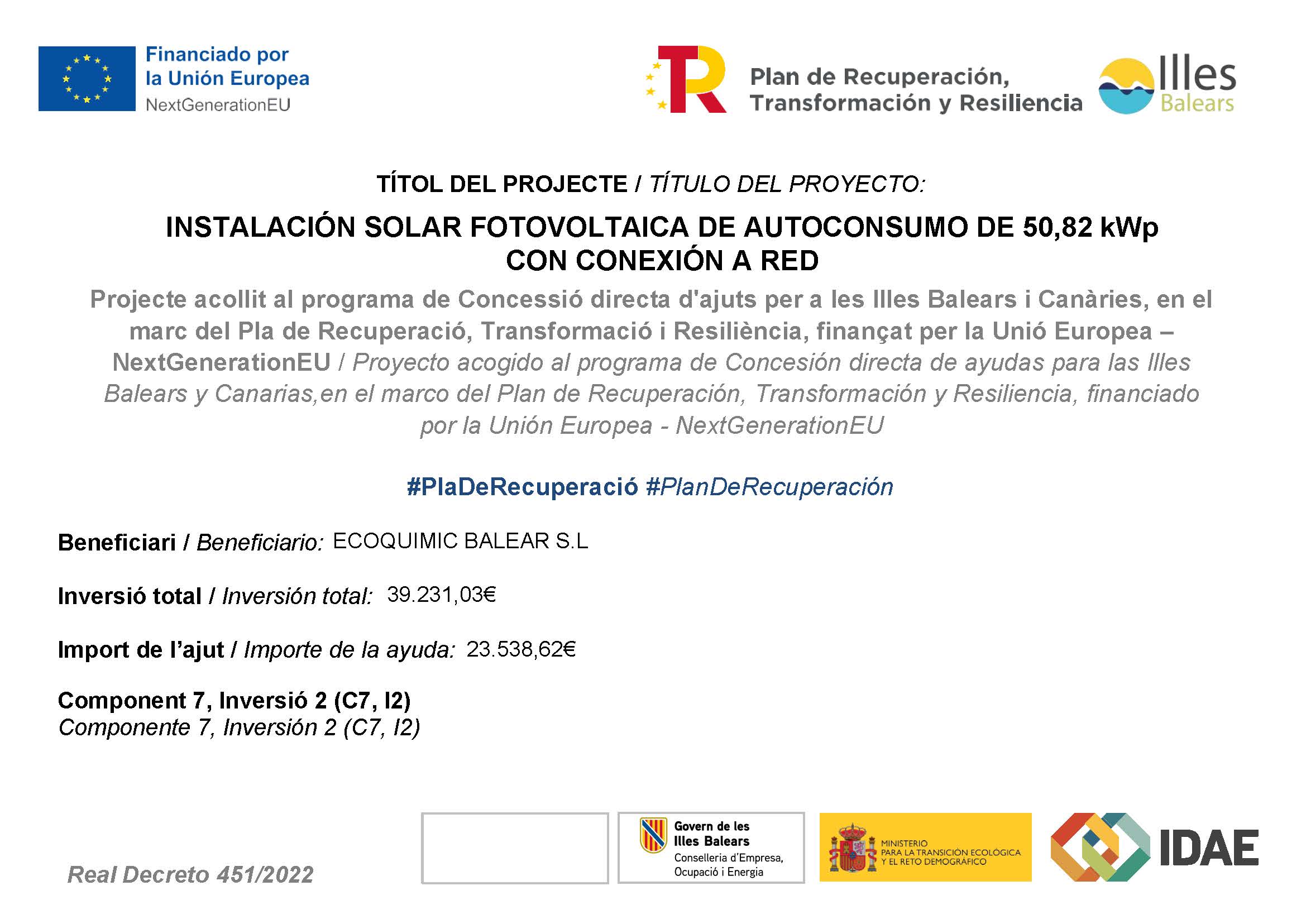Título de instalación de las placas solares